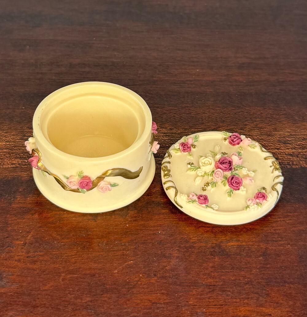 DeZine Floral Rose Trinket Box 1990s Resin Cake Keepsake